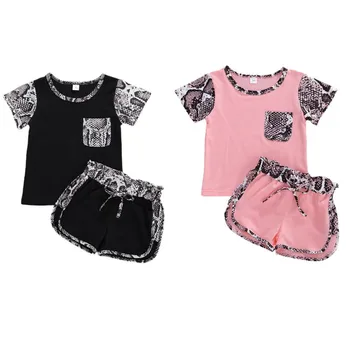 

2020 Summer Toddler Baby Girls Boys Summer Clothes Sets Sanke Skin Print Patchwork Pocket Short Sleeve T Shirts Tops Shorts 1-6Y