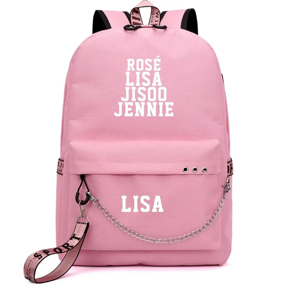 LISA pink BLACKPINK JISOO Rose Lisa, рюкзак для путешествий, зарядка через usb, рюкзак для ноутбука, женский розовый рюкзак, холщовые школьные сумки, черный розовый Rugzak - Цвет: LISA pink