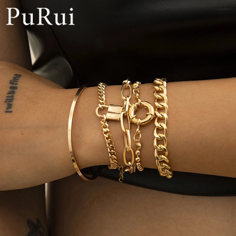 PuRui 5PCS/set Multilayer Gold Color Chain Bracelets & Bangles for Women Men Lock Chunky