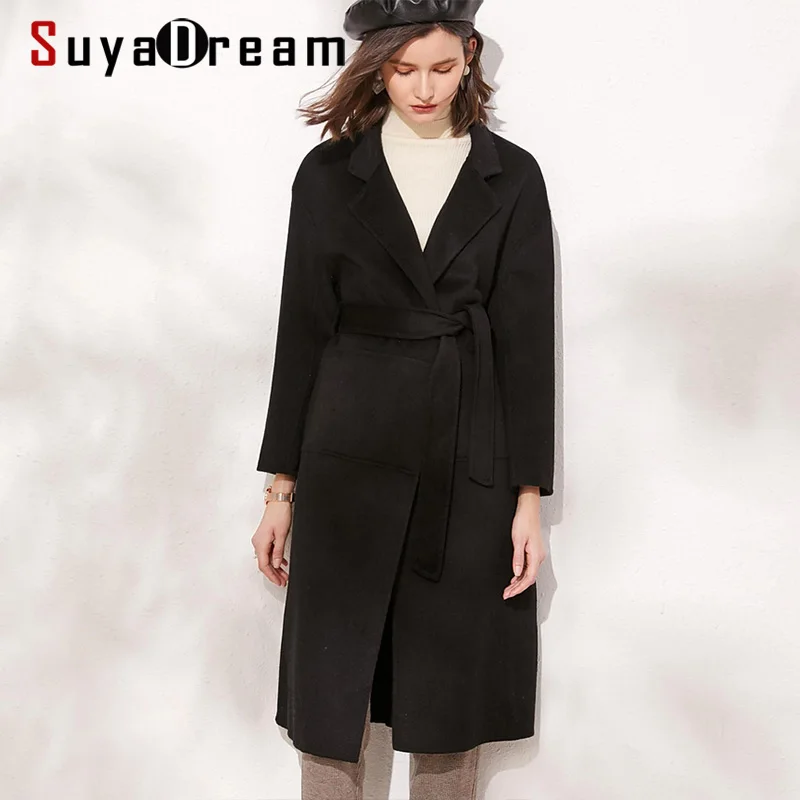 SuyaDream 100% шерсть черное с поясом длинное пальто ручной работы двухстороннее