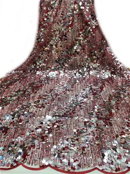 

unique style sequin lace fabric high quality african lace fabric red embroidered tulle net lace french fabric for wedding FFZ96