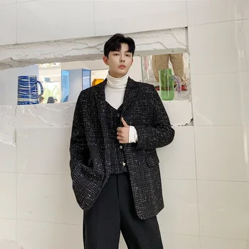 

Male Streetwear Vintage Fashion Suits Coat Outwear Men Autumn Winter Fake 2PCS Splice Loose Casual Woolen Suit Jacket Blazer