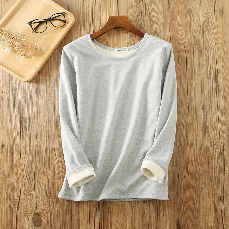 light grey Бархатная утолщенная Хлопковая женская футболка на осень и зиму, теплая женская футболка с длинным рукавом и круглым вырезом, тонкая футболка, женская футболка C5775 - Цвет: light grey
