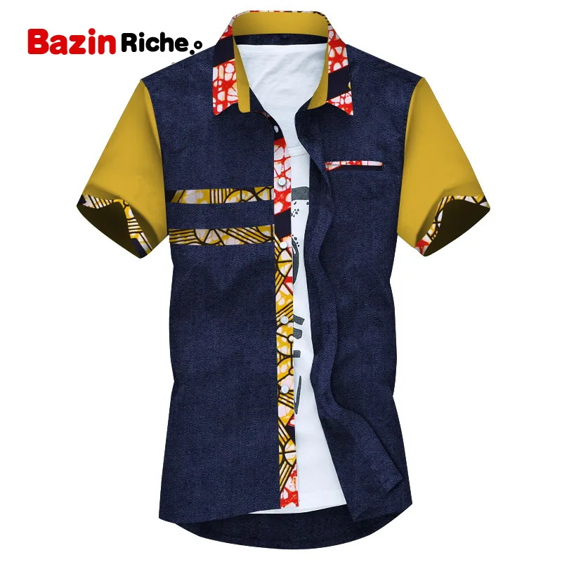 

Bazin Riche African Men Clothes 100% Cotton Print Patchwork Button Top Shirt Men African Clothing Dashiki Men Top Shirt WYN896