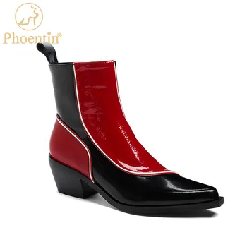 

Phoentin Women's Autumn Boots Mixed color Western Cowboy Booties Cow Leather side zipper ankle boot Fashion Winter Shoes FT1236