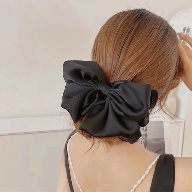 High Quatity Solid Color Big Bow Hairpins For Girl Popular Hair Clip For Women Sweet Two-layer Satin Hairgrip Hair Accessories A-black