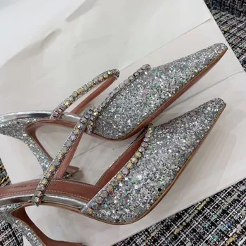 

2020 Summer Sexy Lavender Green Glitter Slides Point Toe Crystal Beaded Strap Sequined High Heel Slippers Shoe Women