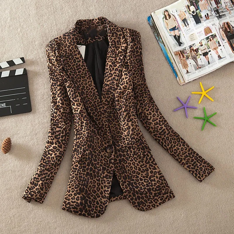 50% OFF Women Leopard Blazers Printed Long Sleeve Plus Size Blazers V-Neck One Button Highstreet Autumn Coat