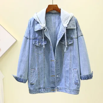 

Spring Autumn New Fashion Plus Size Casual Jeans Jacket Ladies Vintage Hooded Splice Women Denim Jacket Student Basic Outerwear