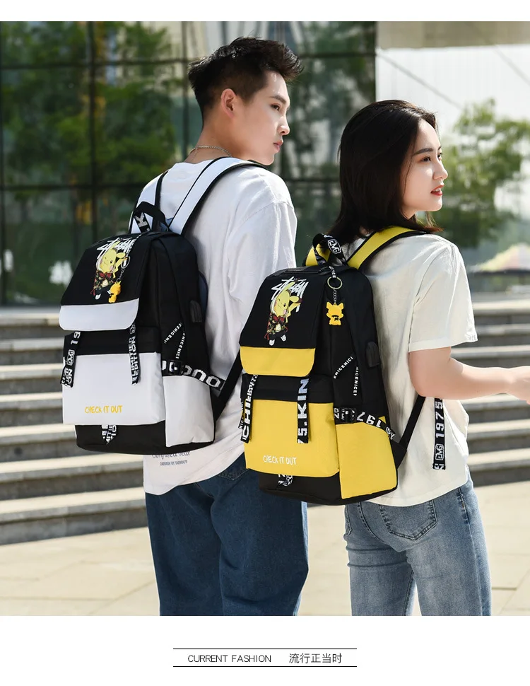 Action Large Pikachu Backpack with USB Charge Line Student Schoolbag Cute Cartoon Pikachu Couple Bags Quality Canvas Bag Gift