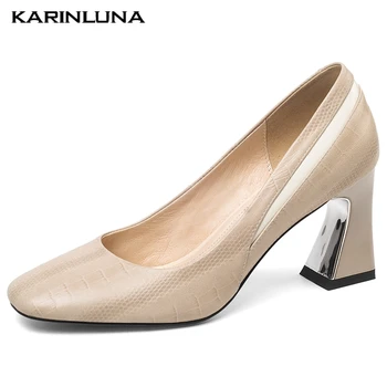 

Karinluna New Arrivals Plus Size 43 Square Toe Slip On Hoof High Heels Genuine Leather Skin Women Shoes Woman Pumps