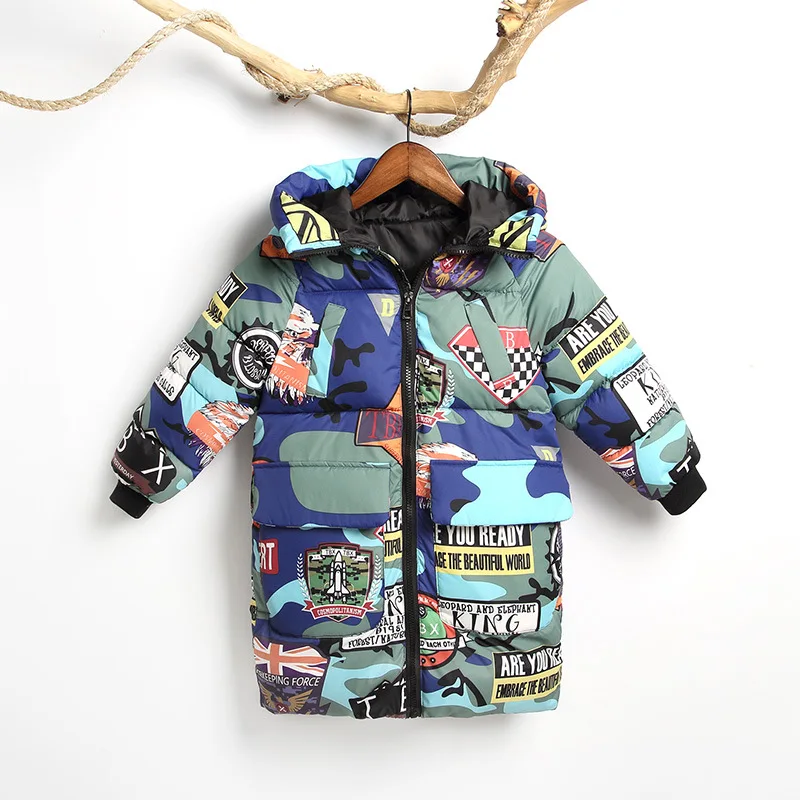 Новое поступление, Детская куртка для мальчиков зимние пуховики с капюшоном Детские камуфляжные парки с граффити для мальчиков, плотные длинные Подростковые куртки