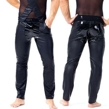 Новинка, черные мужские штаны с карманами, лоскутные блестящие лакированные кожаные штаны, облегающие длинные брюки, Сексуальные клубные танцевальные костюмы, S-XXL