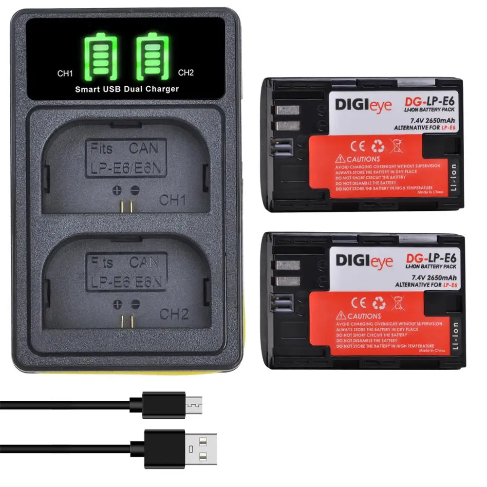 

2Pcs LP-E6 LP-E6N LPE6 Battery + LED Dual Charger for Canon EOS 5D Mark II/III/IV, 5DS, 6D, 7D, 60D, 70D, 80D,90D,EOS R,R5,R6,RP