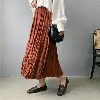 

2020 New High Waist Pleated Women Summer Cotton Skirt Saia A-Line Women Pure Color Boho Long Skirt Faldas Jupe Femme