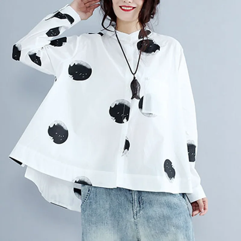 

Mferlier Dot Print Womens Blouses Stand Collar Long Sleeve Loose Casual Cotton Autumn Large Size 4XL 5XL Basic Ladies Top