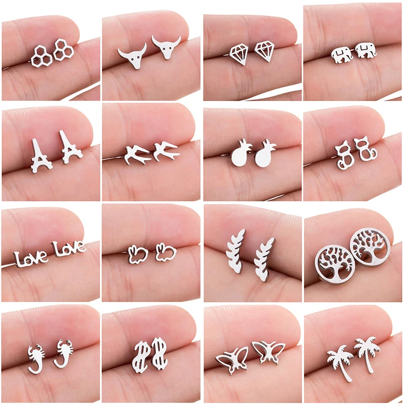 

SMJEL Cute Cat Bird Rabbit Animal Earrings For Women Girls Plant Geometric Ear Studs Set Stainless Steel Ear Jewelry 2020