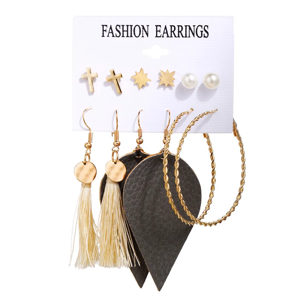 CS5505 17KM Vintage Moon Pearl Stud Earrings Set For Women BOHO Tassel Geometric Heart Twist Earring New DIY Bohemian Jewelry - Окраска металла: CS5505