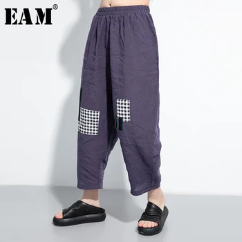 

[EAM] High Elastic Waist Blue Plaid Split Long Wide Leg Trousers New Loose Fit Pants Women Fashion Tide Spring Summer 2020 1U018