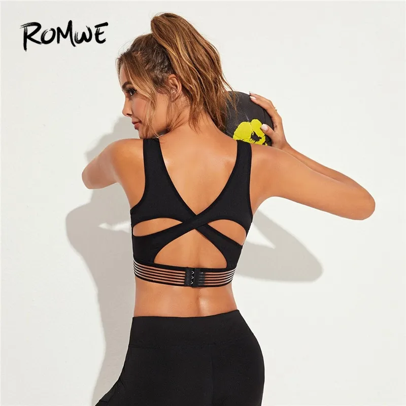 Romwe спортивные черные спортивные бюстгальтеры с контрастной панелью крест-накрест на спине, Женские топы для тренировок, занятий йогой, топы для бега для женщин, топы для фитнеса