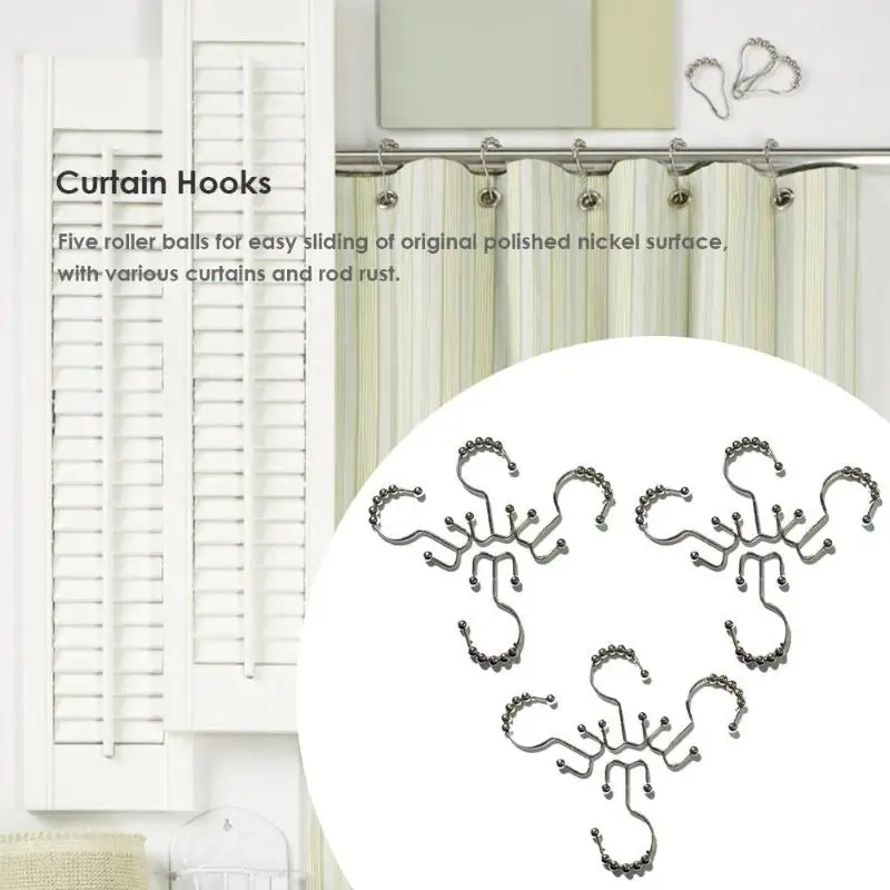 12pcs Bathroom Rustproof Metal Double Glide Shower Hook Curtain Ring Roller