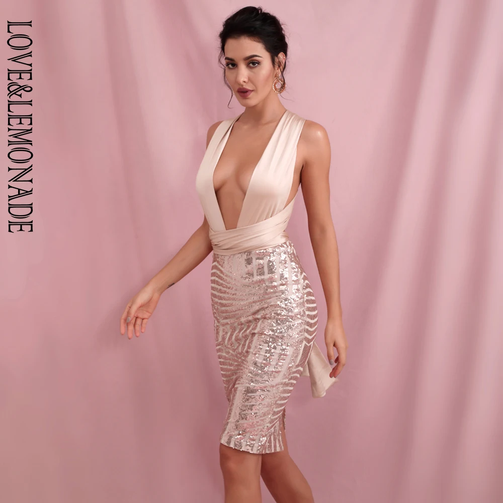LOVE& LEMONADE сексуальное розовое Золотое облегающее платье с глубоким v-образным вырезом и сменными бретельками с геометрическими блестками LM8670