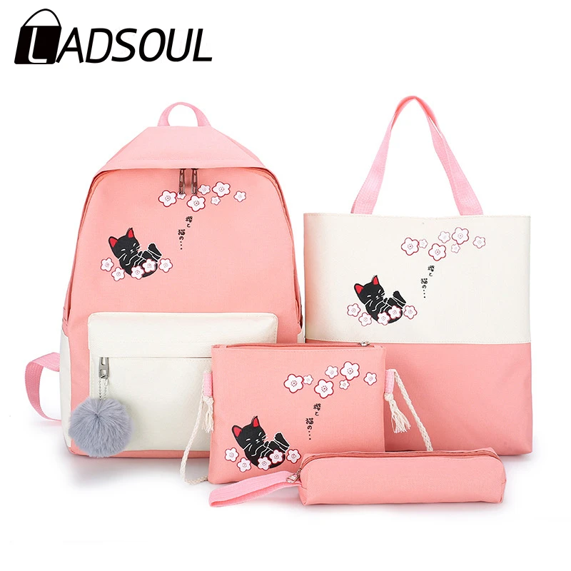 LADSOUL Mochila pequeña y bonita gato para mujer, bolso escolar estudiantes de secundaria, conjunto de cuatro escolares| - AliExpress