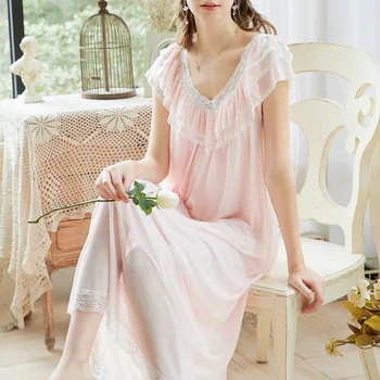 

Short-sleeved nightdress female summer retro palace style sweet long pajamas loose large size home service short-sleeved female