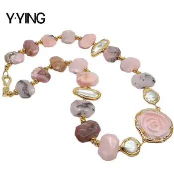 

Y·YING Natural Pink Opal White Biwa freshwater Pearl Pink Queen Conch Flower with gold color plated choker Necklace for women
