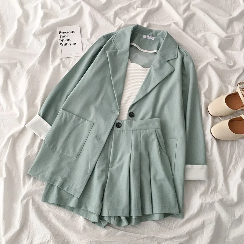 

Spring Formal Suit Set Women Casual V-neck Long Sleeve Oversize Jacket + High Waist Wide Leg Short Green Matching Set
