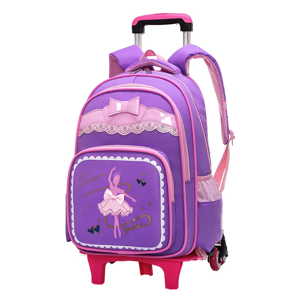 purple 6 wheels Школьные сумки на колесиках для девочек с мультипликационным принтом 2/6, съемный рюкзак для детей, сумка для книг на колесиках, водонепроницаемые дорожные сумки Mochila - Цвет: purple 6 wheels