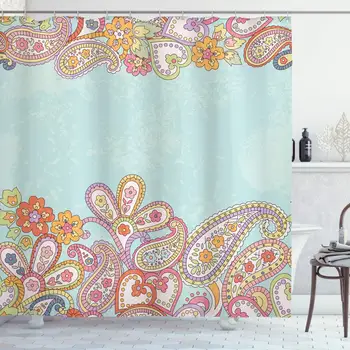 

Floral Shower Curtain Hand Drawn Ornamental Horizontal Pattern Traditional Paisley on Vintage Background Bathroom