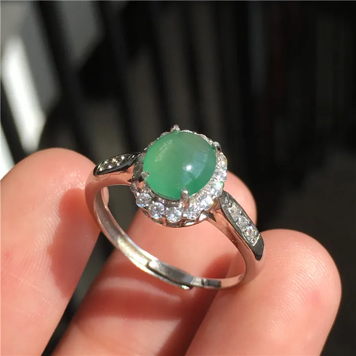 Myanmar Natural a Cargo Jade Ring S925 Silver Inlaid Royal Jade