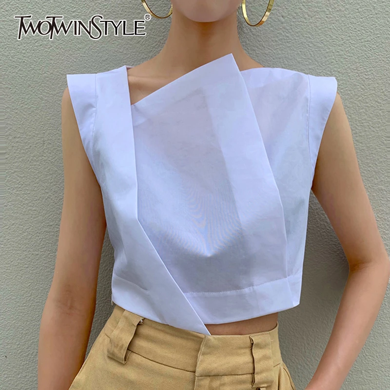 TWOTWINSTYLE Irregular Short Women's Shirt Skew Collar Sleeveless Summer Elegant Blouses Female 2020 Fashion Clothing Tide TWOTWINSTYLE Irregular Short Women's Shirt Skew Collar Sleeveless Summer Elegant Blouses Female 2020 Fashion Clothing Tide
