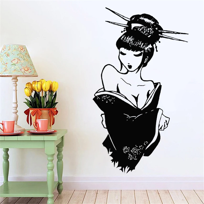 2579ig Vinyl Wall Decal Geisha Japanese Asian Girl Woman With Fan Stickers