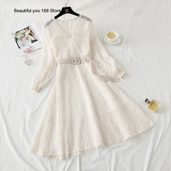 

long-sleeved Fairy fur dress tassel 2020 Spring Autumn New V-neck belt waist mid-length bottoming dress