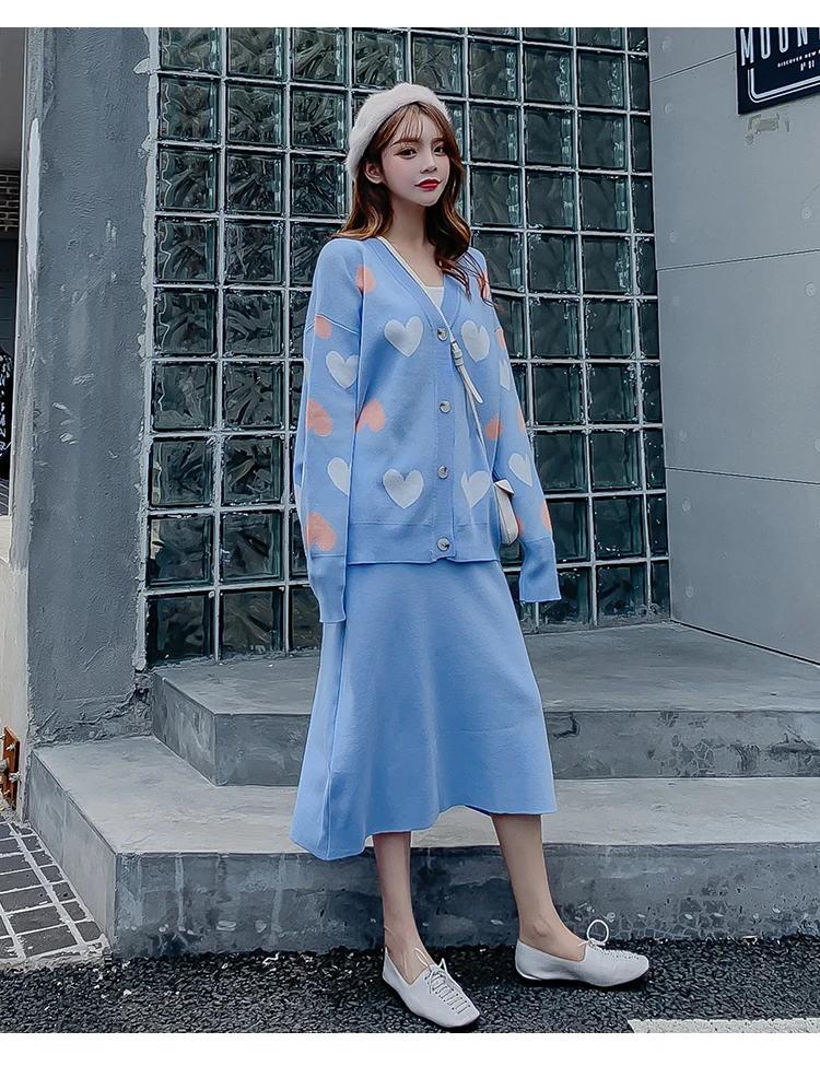 Autumn Winter Women Elegant Love Heart Knitted Cardigan Sweater+High Waist A-Line Skirt 2 Piece Set Loose Knitted Midi Dress Set