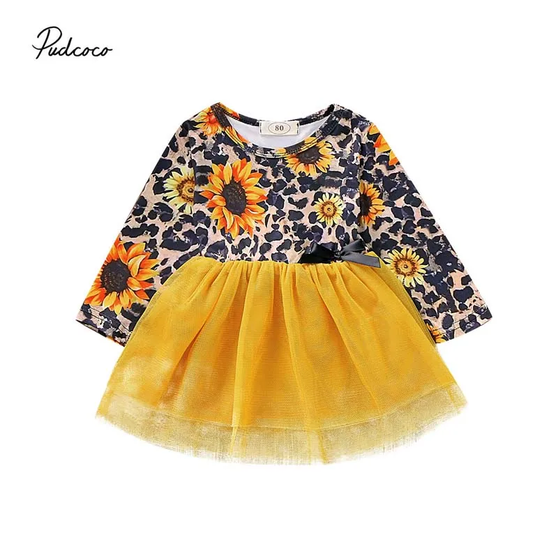 

2019 Baby Spring Autumn Clothing Toddler Kid Baby Girl Dress Long Sleeve Princess Party Dresses Leopard Sunflower Clothes 1-4T
