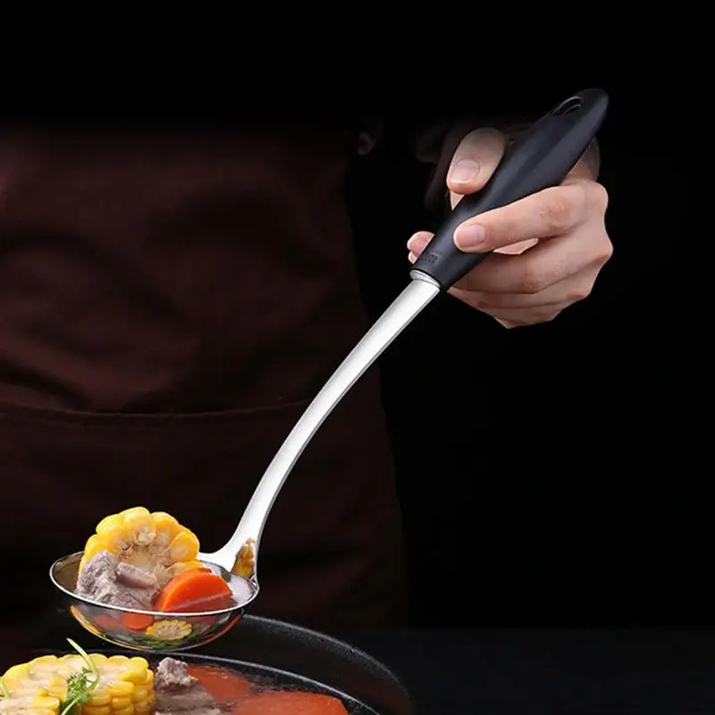 304 ковш для супа из нержавеющей стали с длинной пластиковой ручкой ложка для приготовления пищи посуда с крюком кухонная посуда для ресторана отеля