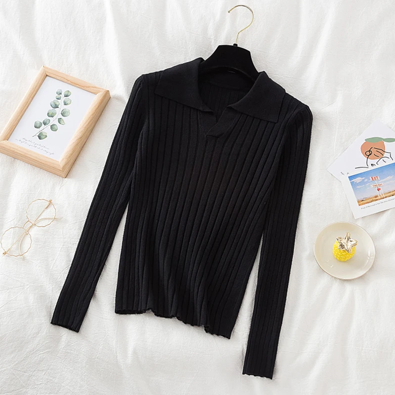 Korean Style Turn-Down Collar Women Sweater Female Long Sleeve Casual Pullovers Knitted Sweaters Clothes Sweter Mujer 2021 Fall