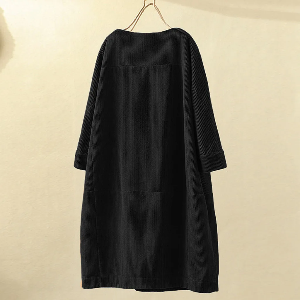 2019 Vintage Autumn Dress Women Long Sleeve Pocket Solid O Neck Loose Party Dress Women Casual Plus Size Dress Vestidos#J30
