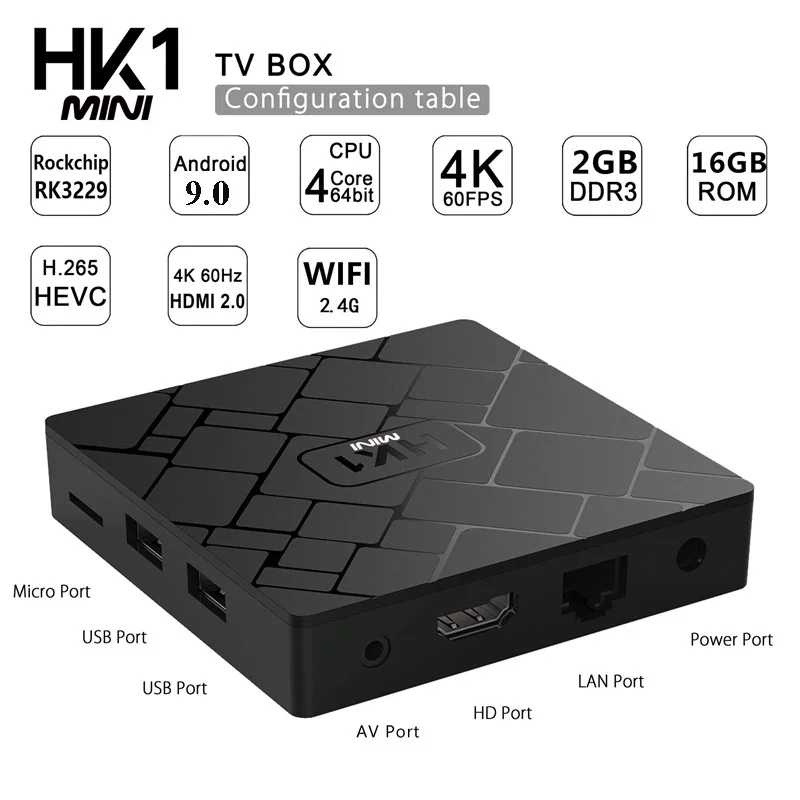 HK1 Мини Смарт Android 9,0 ТВ коробка Rockchip RK3229 2G ram 16GB rom Netflix Youtube 4K Google Play IP tv медиаплеер