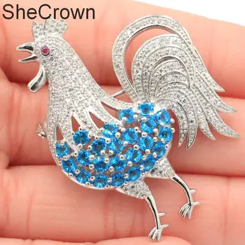 

36x47mm SheCrown New Designed Rooster Shape Paris Blue Topaz Tourmaline CZ Present Silver Brooch