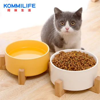 

Ceramic Anti-slip Pet Bowl For Dogs 12.8-20cm Diameter Pet Bowls Cat Dog Feeder With Wood Stand Cat Dog Food Bowl Dog Supplies