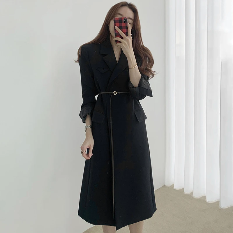 Women Trench Coat 2020 Autumn Korean Chic Belt Waist Loose Long Coat Notched Long Sleeve Windbreaker Trench Fashion Outwear