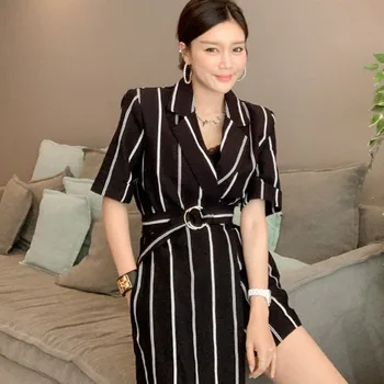 

Women's jumpsuit female 2020 summer new OL quality short-sleeved suit collar lace-up waist stripe jumpsuit
