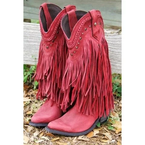 Litthing Women Mid-calf Boots Low Heel Bohemia Style Motorcycle Boots Fringed Cowboy Boots 2019 Shoes Autumn Women Shoes