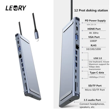 

12-in-1 USB Type-C Hub Adapter USB 3.0 Port Type-C PD 4K HDMI VGA RJ45 3.5mm Audio Jack Memory Card Connector for Samsung Huawei