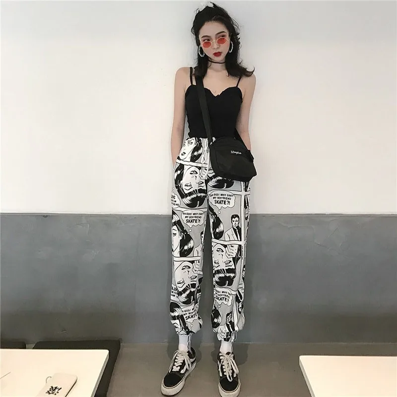 Women Pants Loose Sports Casual Beam Foot Harem Pants Comics Printed Joggers Pants Mens Hip Hop Casual Trousers