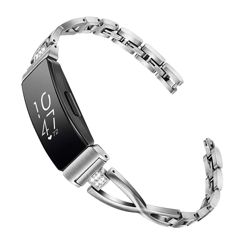 Ремешок с бриллиантами из нержавеющей стали и горного хрусталя для Fitbit Inspire/Inspire HR Smart Watch Band Quick Release Strap Bracelet - Цвет ремешка: Silver